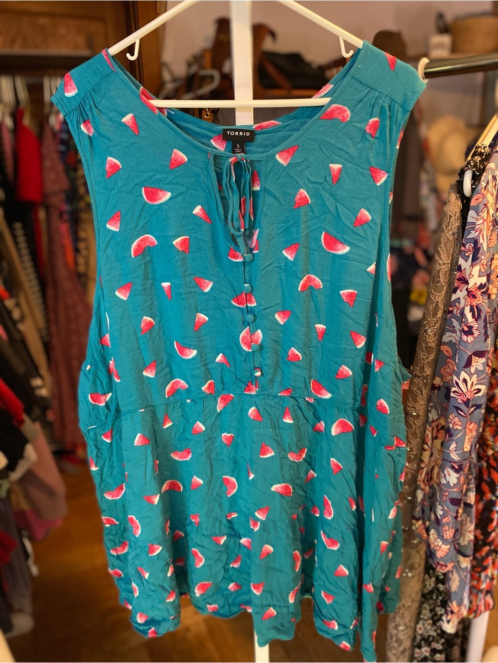 torrid teal sleeveless camisole with pink watermelon print